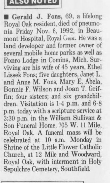 Fonro Lodge Resort Motel (Cole Creek) - 1992 Former Owner Passes Away